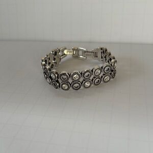 Brighton Bracelet Silver Tone Double Row Circles Rhinestones Fold Over Clasp
